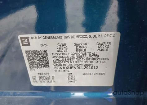 2020 Chevrolet Equinox Awd Lt 1.5L Turbo from USA, damaged, VIN 3GNAXUEV9LL291012